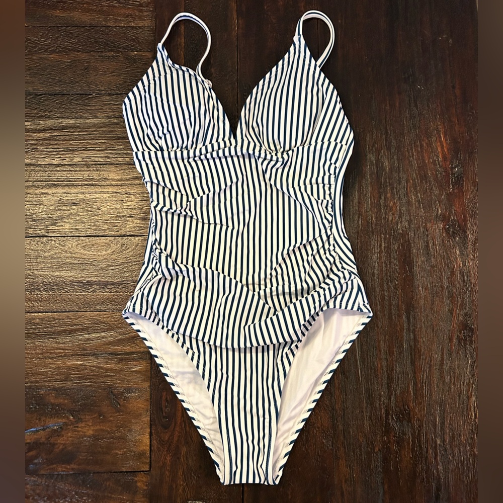 Navy Blue Nautical Striped Print Tummy Control One Piece Swimsuit - Picture 2 of 9